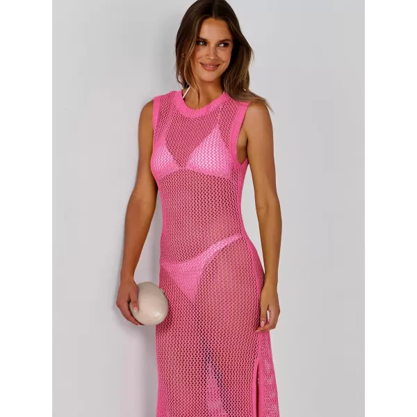 imageANRABESS Womens Swimsuit Cover Up Summer Sleeveless Hollow Knit Bikini Swimwear Bathing Suit Coverup Crochet Beach DressHot Pink