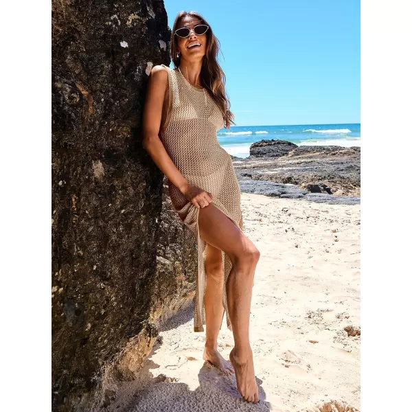 imageANRABESS Womens Swimsuit Cover Up Summer Sleeveless Hollow Knit Bikini Swimwear Bathing Suit Coverup Crochet Beach DressKhaki