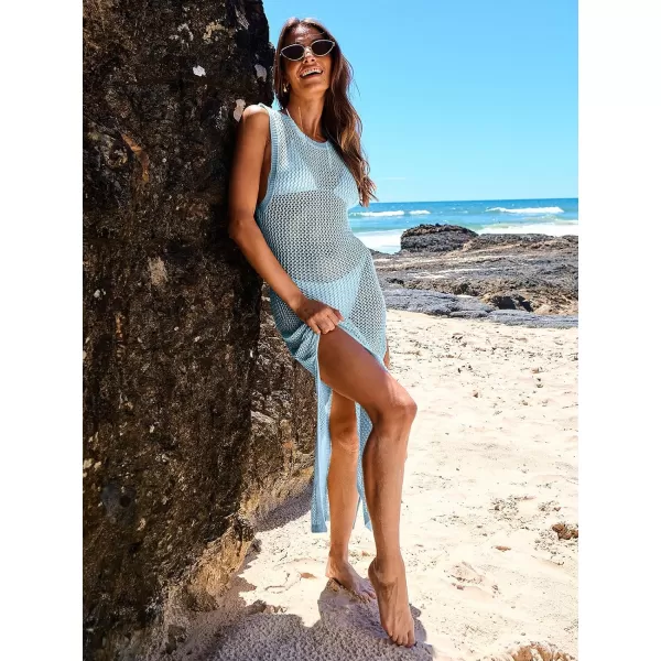 imageANRABESS Womens Swimsuit Cover Up Summer Sleeveless Hollow Knit Bikini Swimwear Bathing Suit Coverup Crochet Beach DressSky Blue