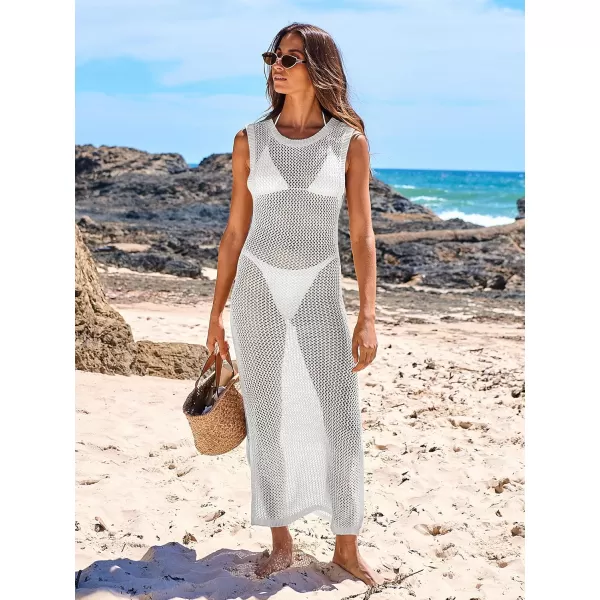 imageANRABESS Womens Swimsuit Cover Up Summer Sleeveless Hollow Knit Bikini Swimwear Bathing Suit Coverup Crochet Beach DressWhite