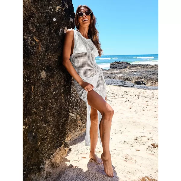 imageANRABESS Womens Swimsuit Cover Up Summer Sleeveless Hollow Knit Bikini Swimwear Bathing Suit Coverup Crochet Beach DressWhite