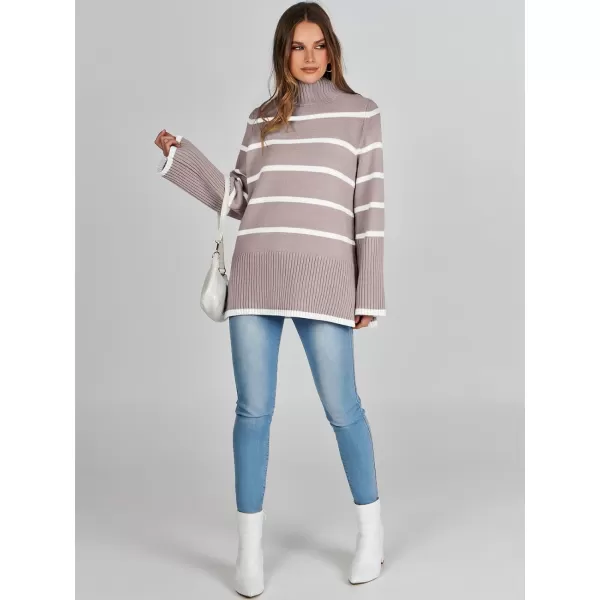 imageANRABESS Womens Trendy Sweaters Pullover Turtleneck Oversized Long Sleeve Split Hem Casual Knit Sweater TopsAlmondampwhite