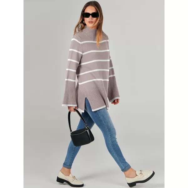 imageANRABESS Womens Trendy Sweaters Pullover Turtleneck Oversized Long Sleeve Split Hem Casual Knit Sweater TopsAlmondampwhite