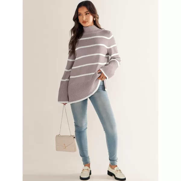 imageANRABESS Womens Trendy Sweaters Pullover Turtleneck Oversized Long Sleeve Split Hem Casual Knit Sweater TopsAlmondampwhite