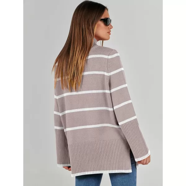 imageANRABESS Womens Trendy Sweaters Pullover Turtleneck Oversized Long Sleeve Split Hem Casual Knit Sweater TopsAlmondampwhite