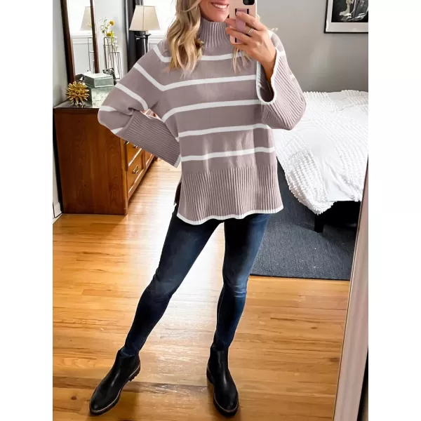 imageANRABESS Womens Trendy Sweaters Pullover Turtleneck Oversized Long Sleeve Split Hem Casual Knit Sweater TopsAlmondampwhite