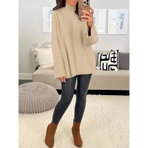 imageANRABESS Womens Trendy Sweaters Pullover Turtleneck Oversized Long Sleeve Split Hem Casual Knit Sweater TopsApricot
