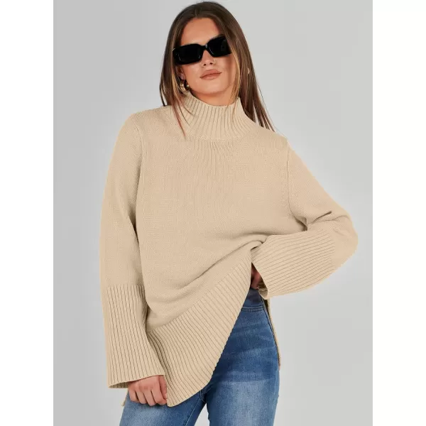 imageANRABESS Womens Trendy Sweaters Pullover Turtleneck Oversized Long Sleeve Split Hem Casual Knit Sweater TopsApricot