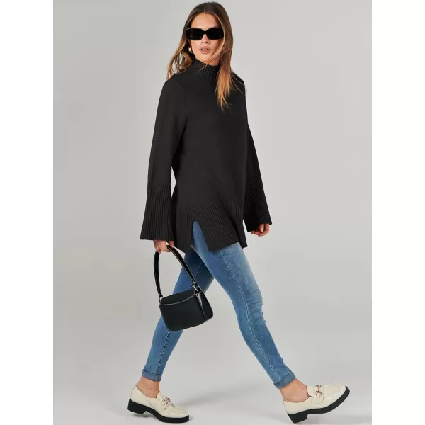 imageANRABESS Womens Trendy Sweaters Pullover Turtleneck Oversized Long Sleeve Split Hem Casual Knit Sweater TopsBlack