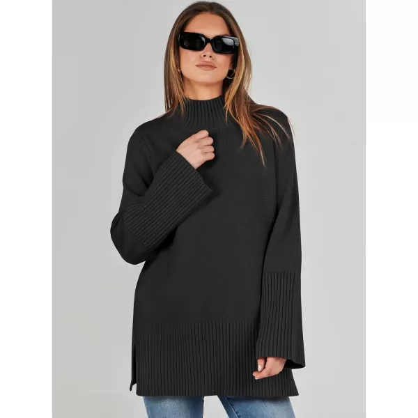 imageANRABESS Womens Trendy Sweaters Pullover Turtleneck Oversized Long Sleeve Split Hem Casual Knit Sweater TopsBlack