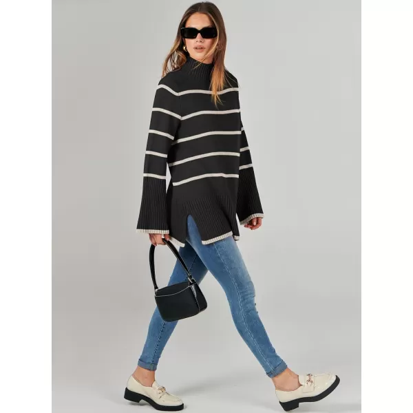 imageANRABESS Womens Trendy Sweaters Pullover Turtleneck Oversized Long Sleeve Split Hem Casual Knit Sweater TopsBlackampapricot
