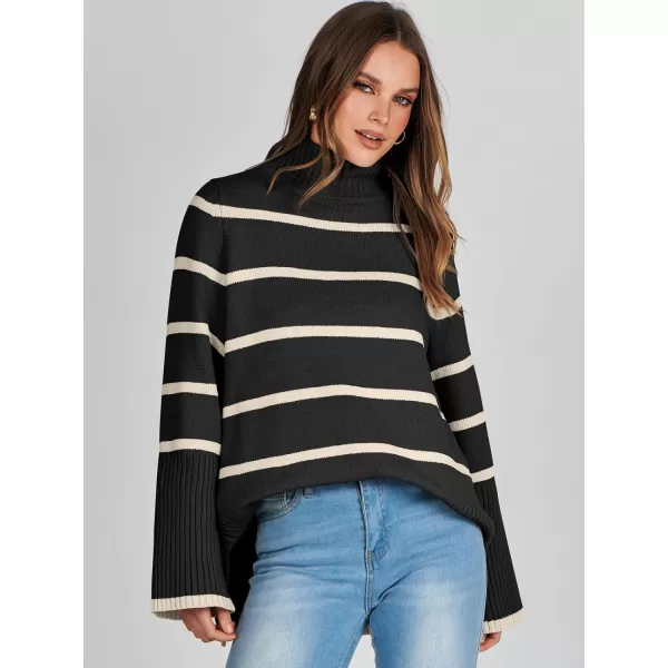 imageANRABESS Womens Trendy Sweaters Pullover Turtleneck Oversized Long Sleeve Split Hem Casual Knit Sweater TopsBlackampapricot