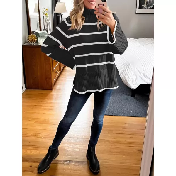 imageANRABESS Womens Trendy Sweaters Pullover Turtleneck Oversized Long Sleeve Split Hem Casual Knit Sweater TopsBlackampwhite