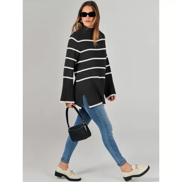 imageANRABESS Womens Trendy Sweaters Pullover Turtleneck Oversized Long Sleeve Split Hem Casual Knit Sweater TopsBlackampwhite