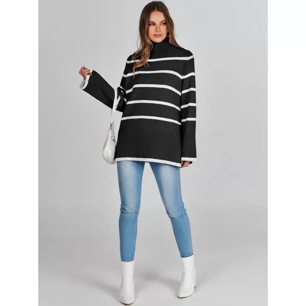 imageANRABESS Womens Trendy Sweaters Pullover Turtleneck Oversized Long Sleeve Split Hem Casual Knit Sweater TopsBlackampwhite