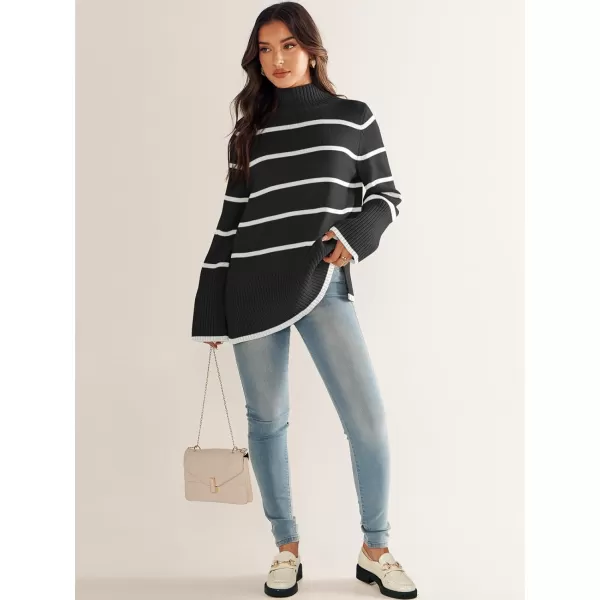 imageANRABESS Womens Trendy Sweaters Pullover Turtleneck Oversized Long Sleeve Split Hem Casual Knit Sweater TopsBlackampwhite