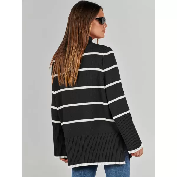 imageANRABESS Womens Trendy Sweaters Pullover Turtleneck Oversized Long Sleeve Split Hem Casual Knit Sweater TopsBlackampwhite
