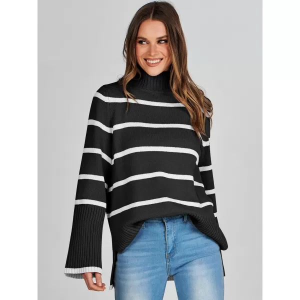 imageANRABESS Womens Trendy Sweaters Pullover Turtleneck Oversized Long Sleeve Split Hem Casual Knit Sweater TopsBlackampwhite