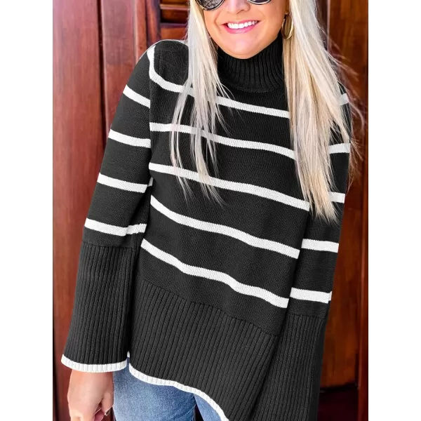 imageANRABESS Womens Trendy Sweaters Pullover Turtleneck Oversized Long Sleeve Split Hem Casual Knit Sweater TopsBlackampwhite