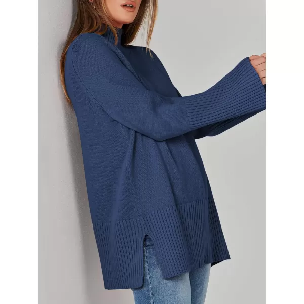 imageANRABESS Womens Trendy Sweaters Pullover Turtleneck Oversized Long Sleeve Split Hem Casual Knit Sweater TopsBlue