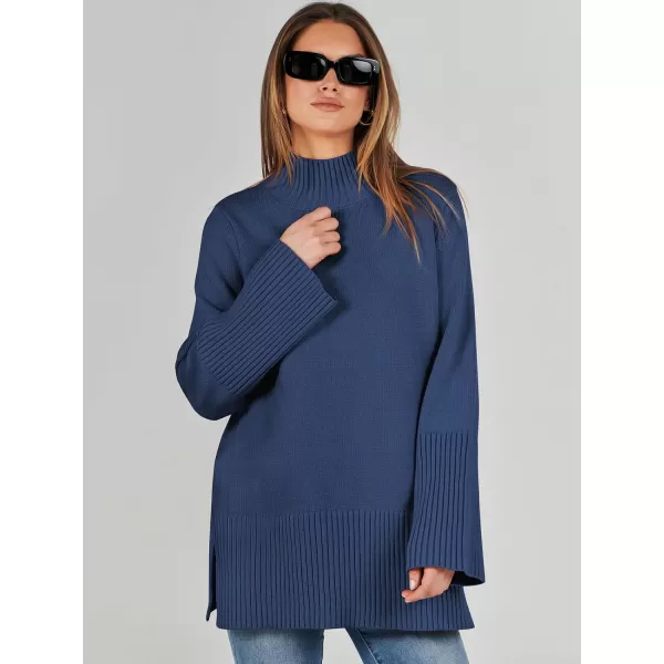 imageANRABESS Womens Trendy Sweaters Pullover Turtleneck Oversized Long Sleeve Split Hem Casual Knit Sweater TopsBlue
