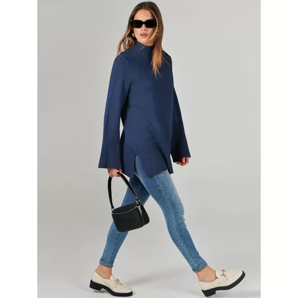 imageANRABESS Womens Trendy Sweaters Pullover Turtleneck Oversized Long Sleeve Split Hem Casual Knit Sweater TopsBlue
