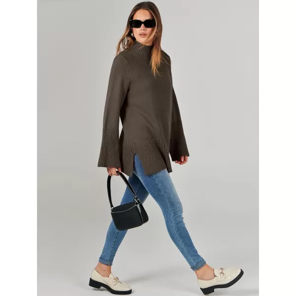 imageANRABESS Womens Trendy Sweaters Pullover Turtleneck Oversized Long Sleeve Split Hem Casual Knit Sweater TopsBrown