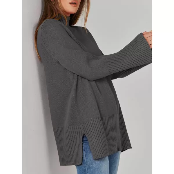 imageANRABESS Womens Trendy Sweaters Pullover Turtleneck Oversized Long Sleeve Split Hem Casual Knit Sweater TopsGray