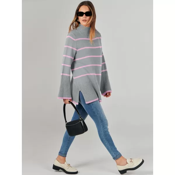 imageANRABESS Womens Trendy Sweaters Pullover Turtleneck Oversized Long Sleeve Split Hem Casual Knit Sweater TopsGrayamppink