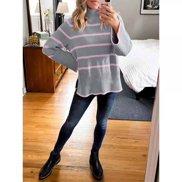 imageANRABESS Womens Trendy Sweaters Pullover Turtleneck Oversized Long Sleeve Split Hem Casual Knit Sweater TopsGrayamppink