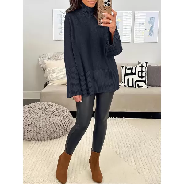 imageANRABESS Womens Trendy Sweaters Pullover Turtleneck Oversized Long Sleeve Split Hem Casual Knit Sweater TopsNavy