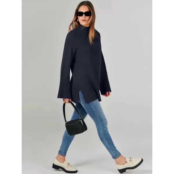 imageANRABESS Womens Trendy Sweaters Pullover Turtleneck Oversized Long Sleeve Split Hem Casual Knit Sweater TopsNavy