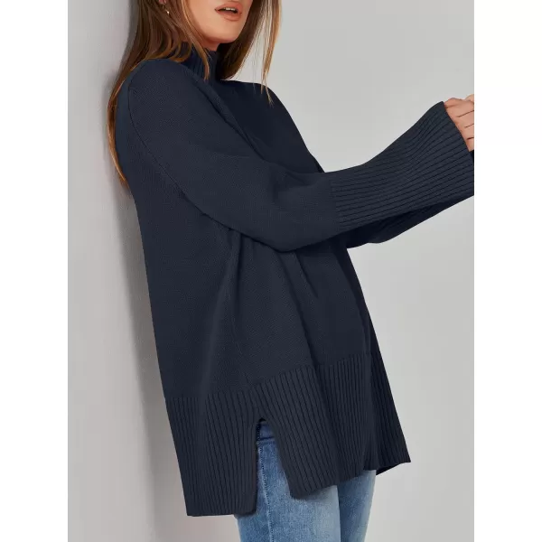 imageANRABESS Womens Trendy Sweaters Pullover Turtleneck Oversized Long Sleeve Split Hem Casual Knit Sweater TopsNavy