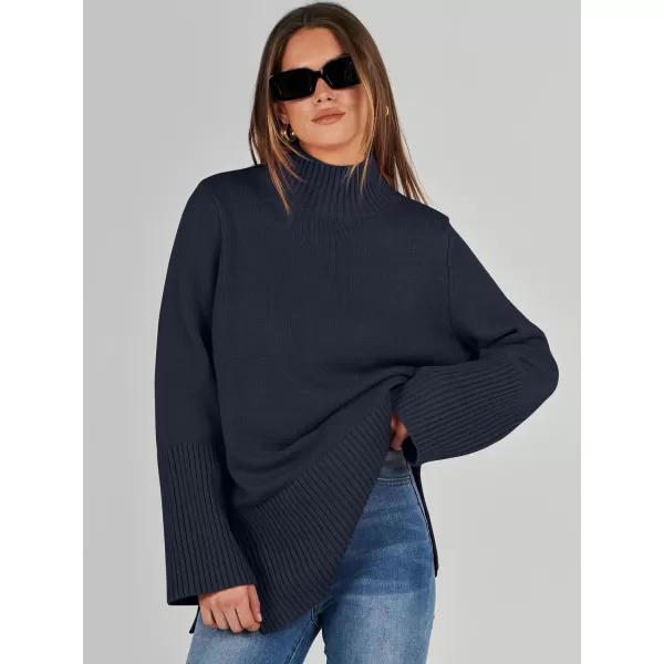 imageANRABESS Womens Trendy Sweaters Pullover Turtleneck Oversized Long Sleeve Split Hem Casual Knit Sweater TopsNavy