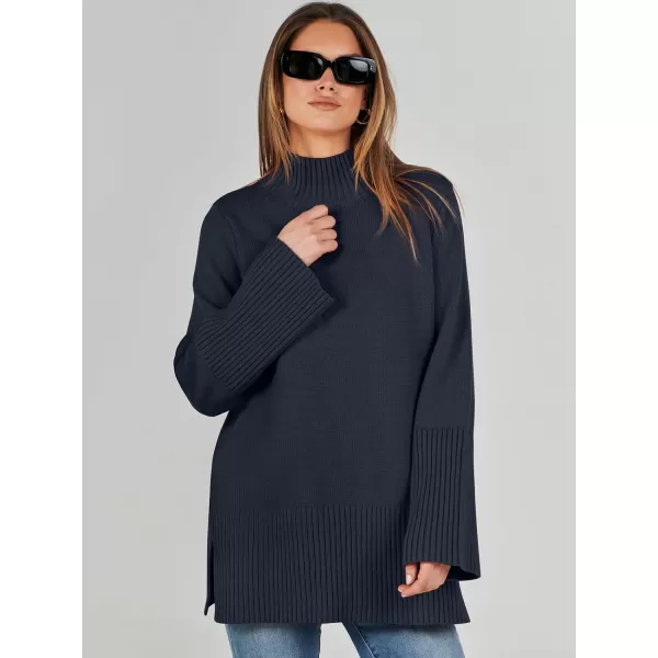 imageANRABESS Womens Trendy Sweaters Pullover Turtleneck Oversized Long Sleeve Split Hem Casual Knit Sweater TopsNavy