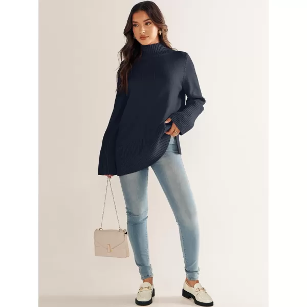 imageANRABESS Womens Trendy Sweaters Pullover Turtleneck Oversized Long Sleeve Split Hem Casual Knit Sweater TopsNavy