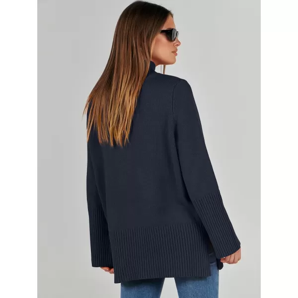 imageANRABESS Womens Trendy Sweaters Pullover Turtleneck Oversized Long Sleeve Split Hem Casual Knit Sweater TopsNavy