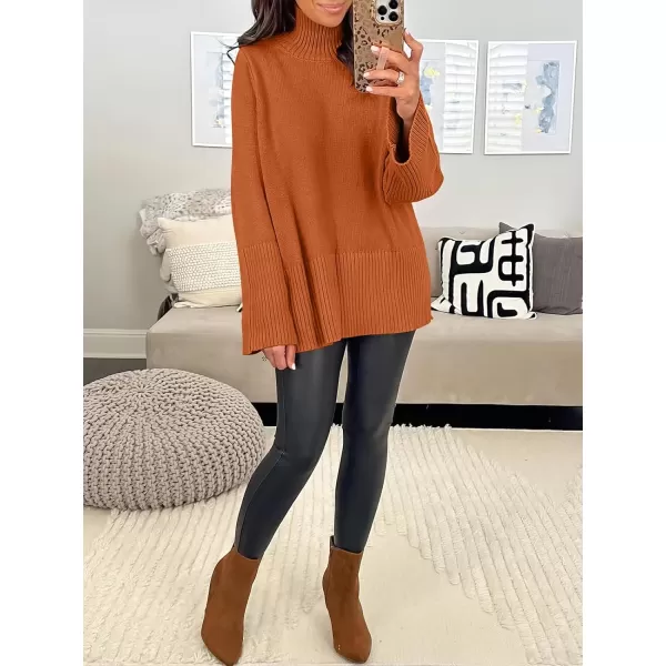 imageANRABESS Womens Trendy Sweaters Pullover Turtleneck Oversized Long Sleeve Split Hem Casual Knit Sweater TopsOrange