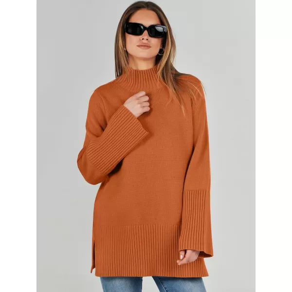 imageANRABESS Womens Trendy Sweaters Pullover Turtleneck Oversized Long Sleeve Split Hem Casual Knit Sweater TopsOrange