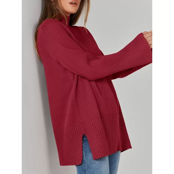 imageANRABESS Womens Trendy Sweaters Pullover Turtleneck Oversized Long Sleeve Split Hem Casual Knit Sweater TopsRed