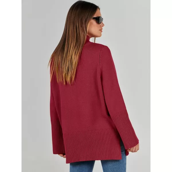 imageANRABESS Womens Trendy Sweaters Pullover Turtleneck Oversized Long Sleeve Split Hem Casual Knit Sweater TopsRed