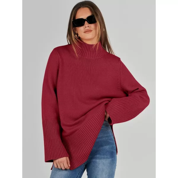 imageANRABESS Womens Trendy Sweaters Pullover Turtleneck Oversized Long Sleeve Split Hem Casual Knit Sweater TopsRed
