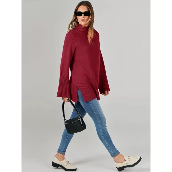 imageANRABESS Womens Trendy Sweaters Pullover Turtleneck Oversized Long Sleeve Split Hem Casual Knit Sweater TopsRed