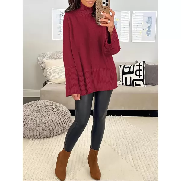 imageANRABESS Womens Trendy Sweaters Pullover Turtleneck Oversized Long Sleeve Split Hem Casual Knit Sweater TopsRed