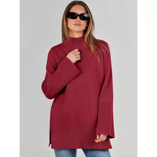 imageANRABESS Womens Trendy Sweaters Pullover Turtleneck Oversized Long Sleeve Split Hem Casual Knit Sweater TopsRed