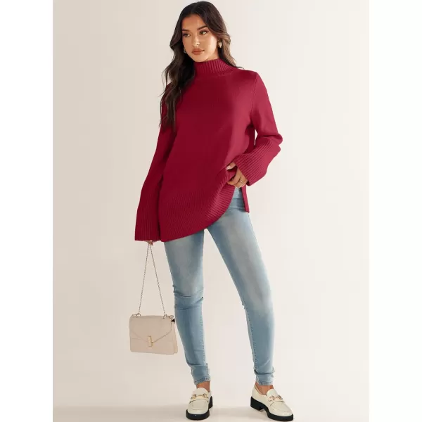 imageANRABESS Womens Trendy Sweaters Pullover Turtleneck Oversized Long Sleeve Split Hem Casual Knit Sweater TopsRed