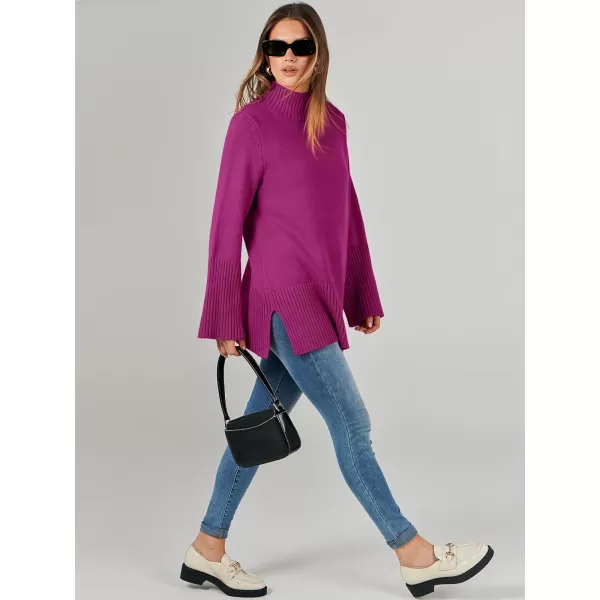 imageANRABESS Womens Trendy Sweaters Pullover Turtleneck Oversized Long Sleeve Split Hem Casual Knit Sweater TopsRose Red