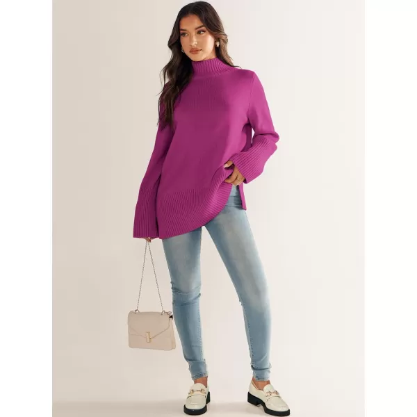 imageANRABESS Womens Trendy Sweaters Pullover Turtleneck Oversized Long Sleeve Split Hem Casual Knit Sweater TopsRose Red