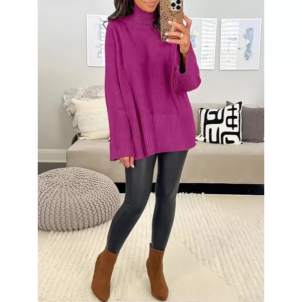 imageANRABESS Womens Trendy Sweaters Pullover Turtleneck Oversized Long Sleeve Split Hem Casual Knit Sweater TopsRose Red