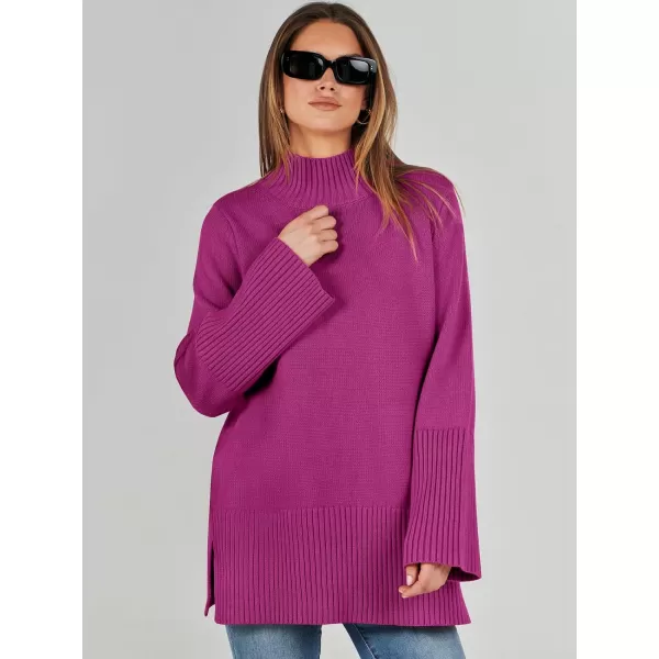 imageANRABESS Womens Trendy Sweaters Pullover Turtleneck Oversized Long Sleeve Split Hem Casual Knit Sweater TopsRose Red